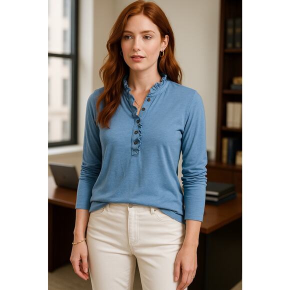 Brooks Brothers Supima Cotton Ruffle Henley Long Sleeve Top Blue Size Large - Picture 5 of 14